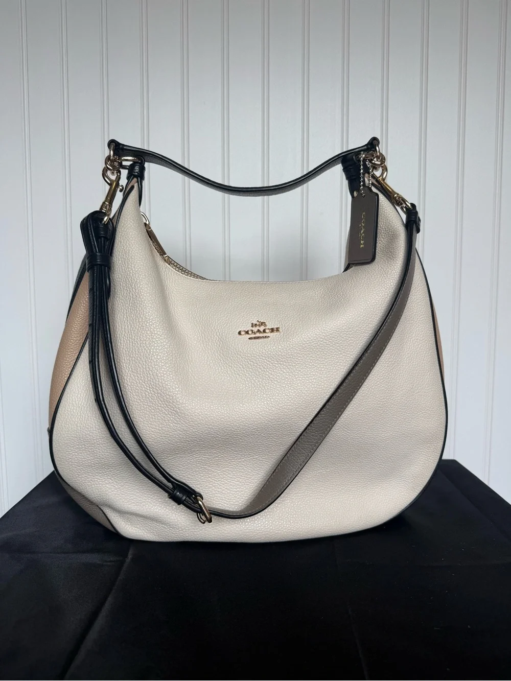 Coach Cream & Tan Pebbled Leather Hobo with Black Trim